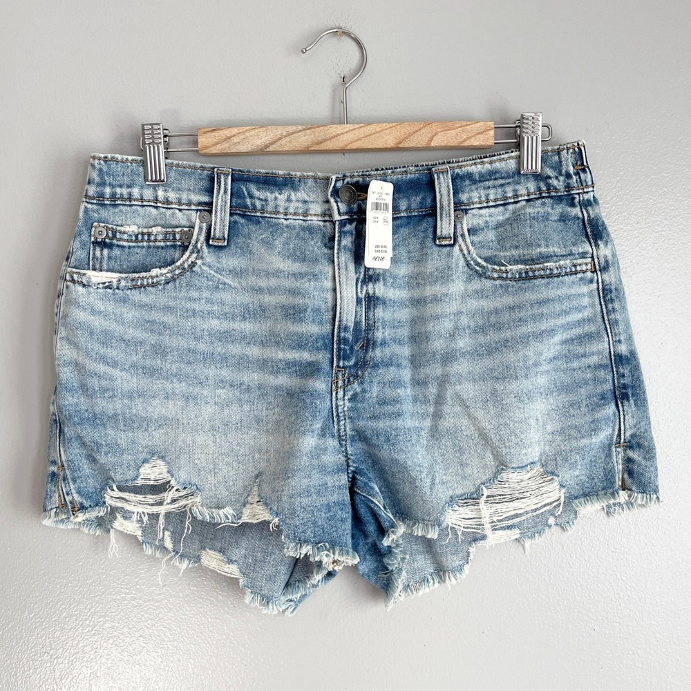 Aerie Denim 3" Shorts Womens M Blue Distressed Cut Off Elastic Waist Raw Hem NWT